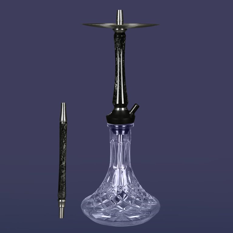 Gold hookah with a clear glass base and polished gold stem, made by Hookah Omnis
