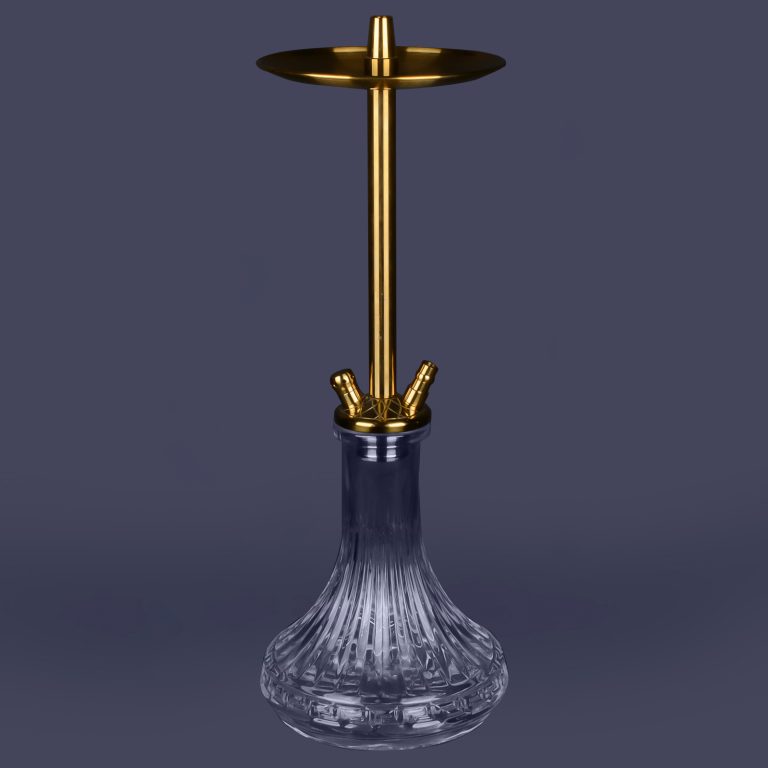 Tall gold brass hookah with a multi-hose stem and clear ribbed crystal base