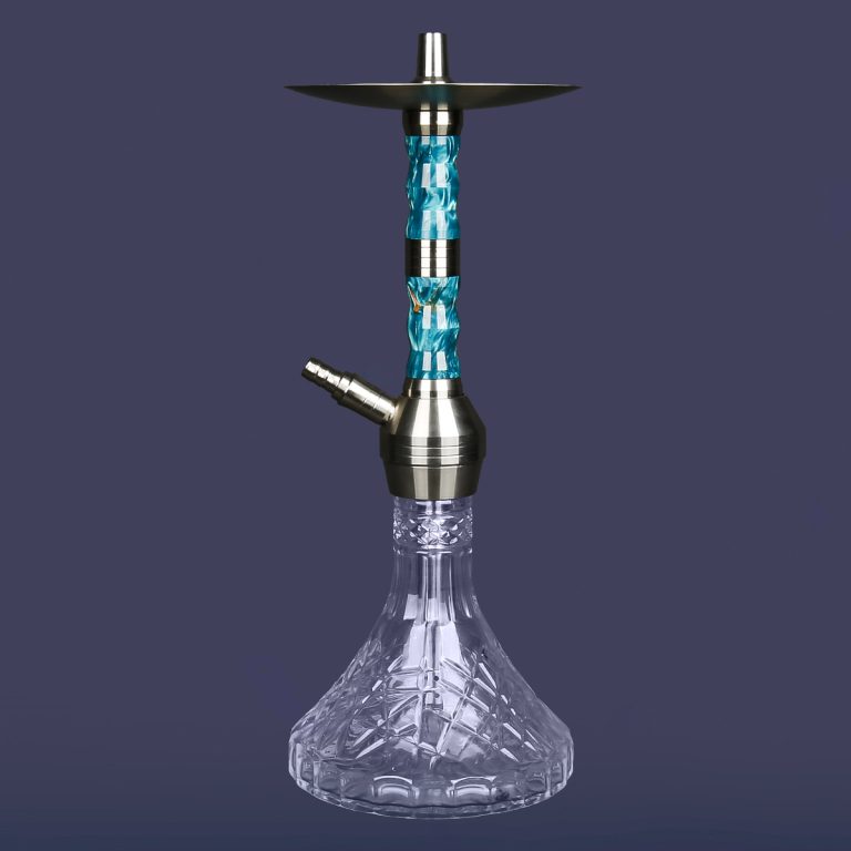 Custom hookah with a polished silver stainless steel stem and turquoise glass base