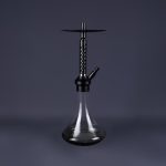 Custom hookah collection of six compact shisha pipes with clear teardrop glass bases and short colored metal stems, each with a matching colored hose