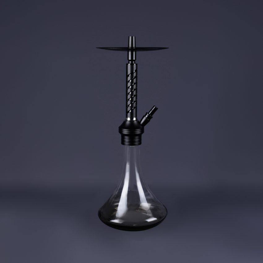 Custom hookah collection of six compact shisha pipes with clear teardrop glass bases and short colored metal stems, each with a matching colored hose