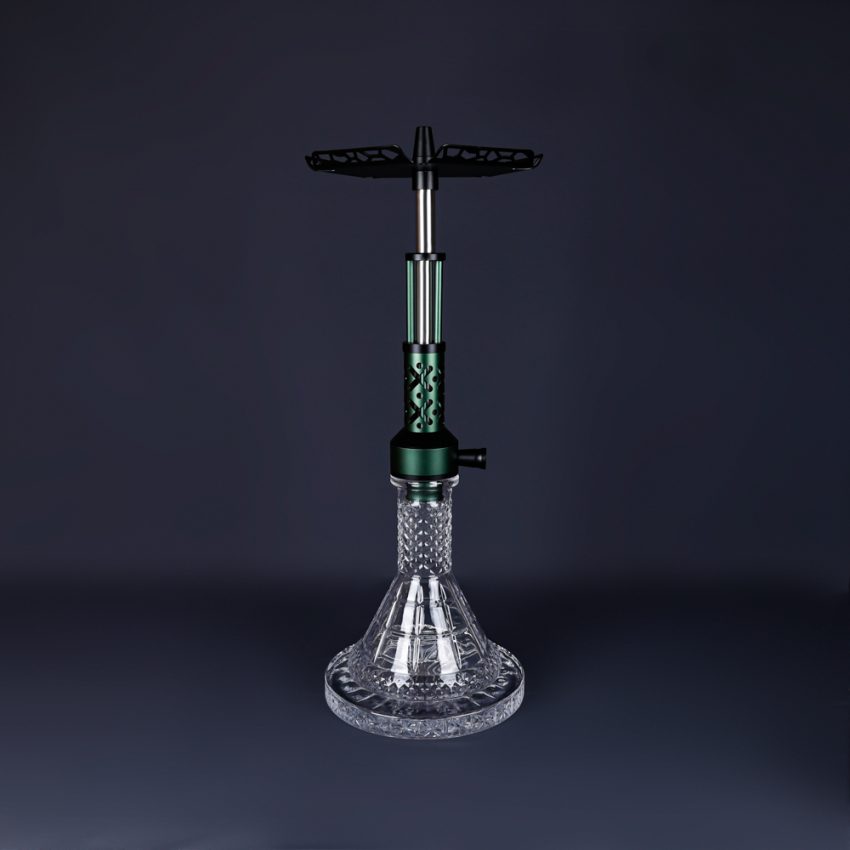 Six hookah wholesale models with clear ribbed glass bases and colored aluminum stems, shown with matching colored metal shisha hoses on a dark studio background