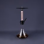 Three custom hookahs with silver, black and gold stems on clear crystal-cut glass bases — hookah wholesale shisha product range