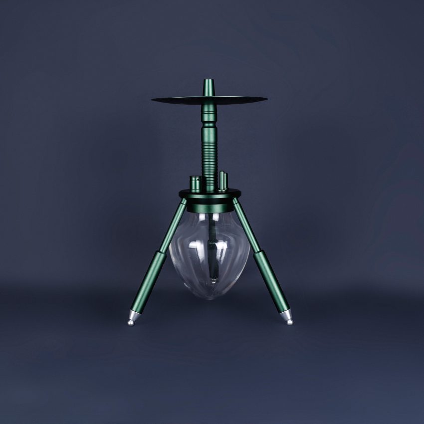 Row of six hookah wholesale styles with colored glass bases in clear, blue, grey, red, purple and green, each with an engraved metal stem and flat tray