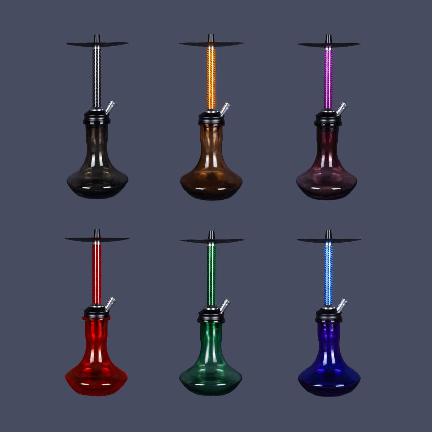 Six custom hookahs with colored anodized stems — black, rose gold, green, gold, blue and red — on clear glass bases, hookah wholesale set